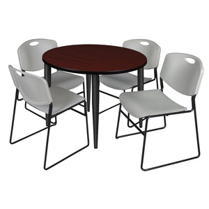 Kahlo Round Breakroom Table and Chair Package, 36" Round Kahlo Tapered Leg Breakroom Table with 4 Zeng Stack Chairs