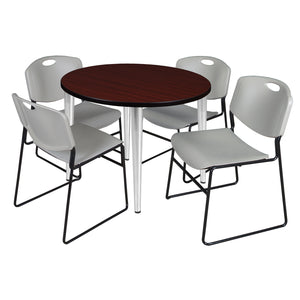 Kahlo Round Breakroom Table and Chair Package, 36" Round Kahlo Tapered Leg Breakroom Table with 4 Zeng Stack Chairs