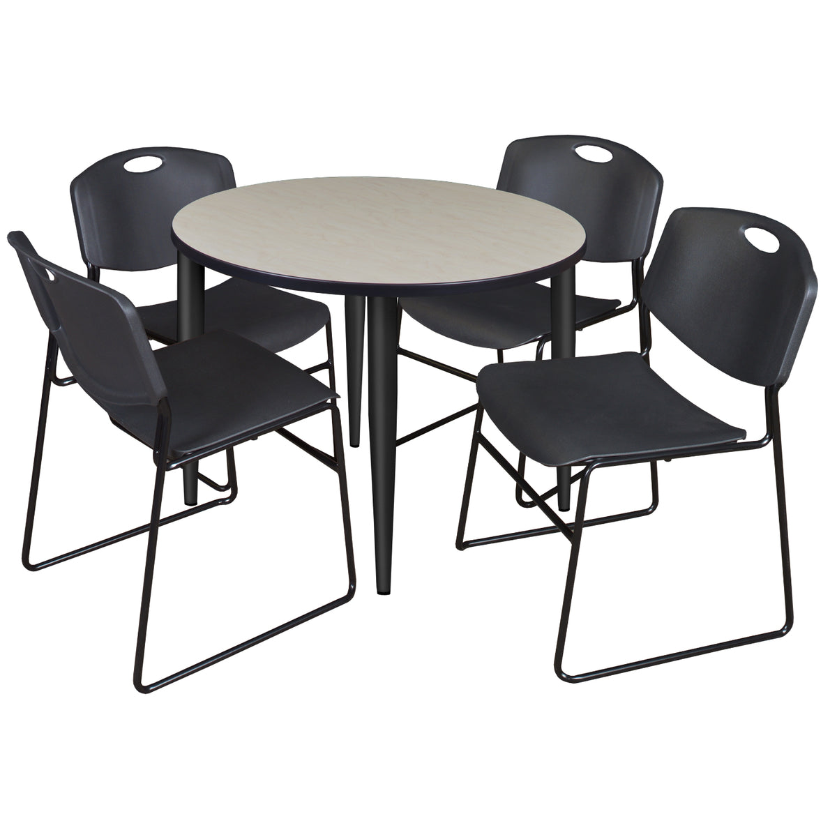 Kahlo Round Breakroom Table and Chair Package, 36" Round Kahlo Tapered Leg Breakroom Table with 4 Zeng Stack Chairs
