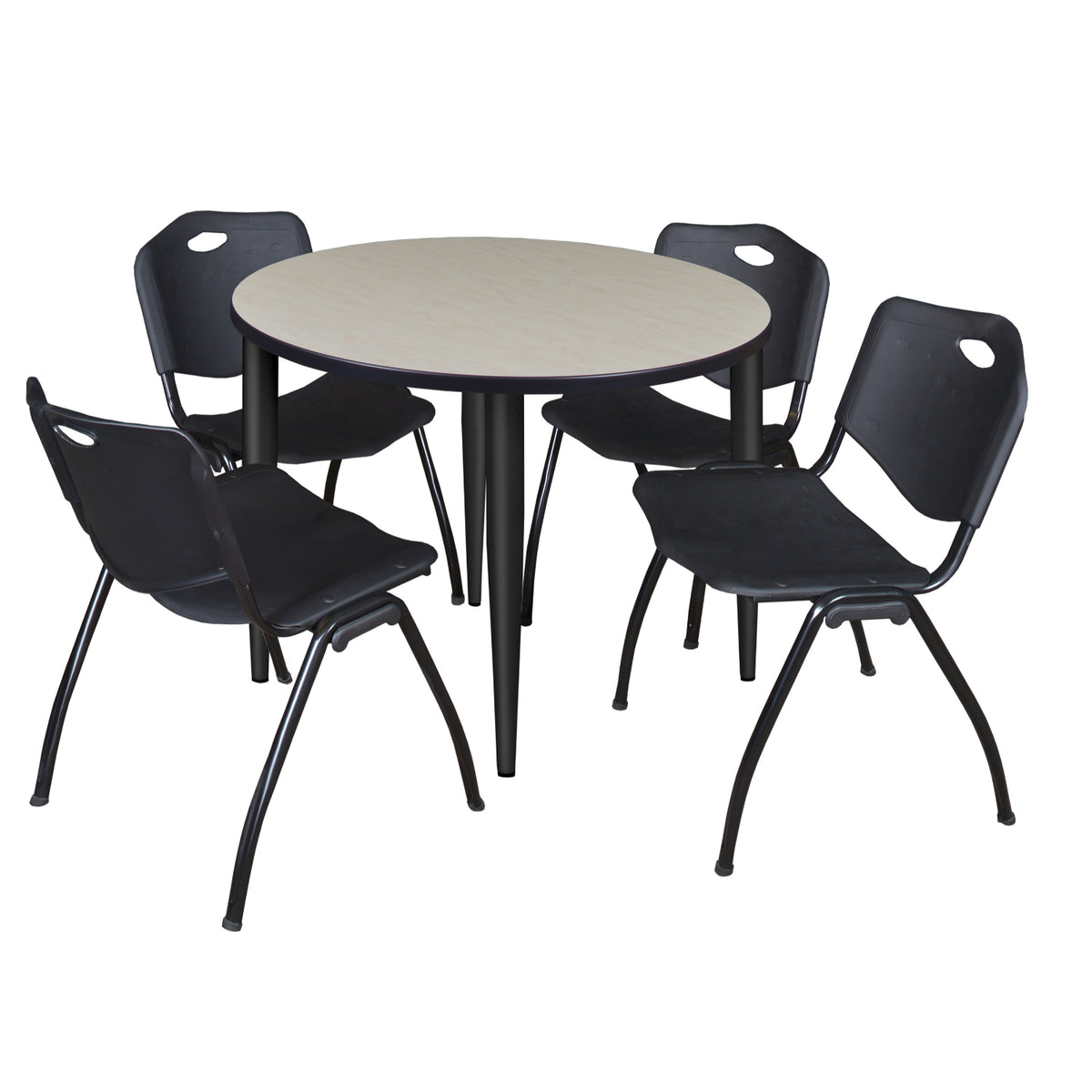 Kahlo Round Breakroom Table and Chair Package, 36" Round Kahlo Tapered Leg Breakroom Table with 4 "M" Stack Chairs