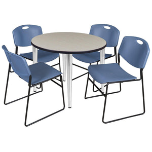 Kahlo Round Breakroom Table and Chair Package, 36" Round Kahlo Tapered Leg Breakroom Table with 4 Zeng Stack Chairs