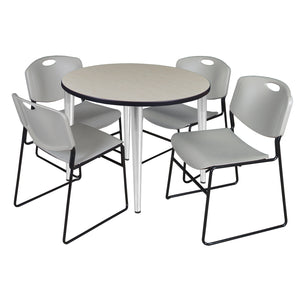 Kahlo Round Breakroom Table and Chair Package, 36" Round Kahlo Tapered Leg Breakroom Table with 4 Zeng Stack Chairs