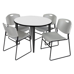 Kahlo Round Breakroom Table and Chair Package, 36" Round Kahlo Tapered Leg Breakroom Table with 4 Zeng Stack Chairs