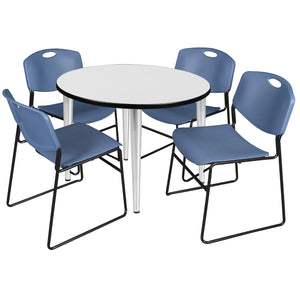 Kahlo Round Breakroom Table and Chair Package, 36" Round Kahlo Tapered Leg Breakroom Table with 4 Zeng Stack Chairs