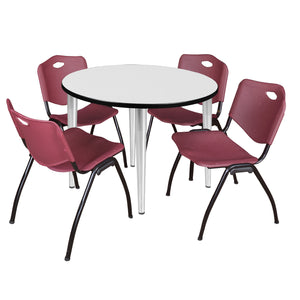 Kahlo Round Breakroom Table and Chair Package, 36" Round Kahlo Tapered Leg Breakroom Table with 4 "M" Stack Chairs