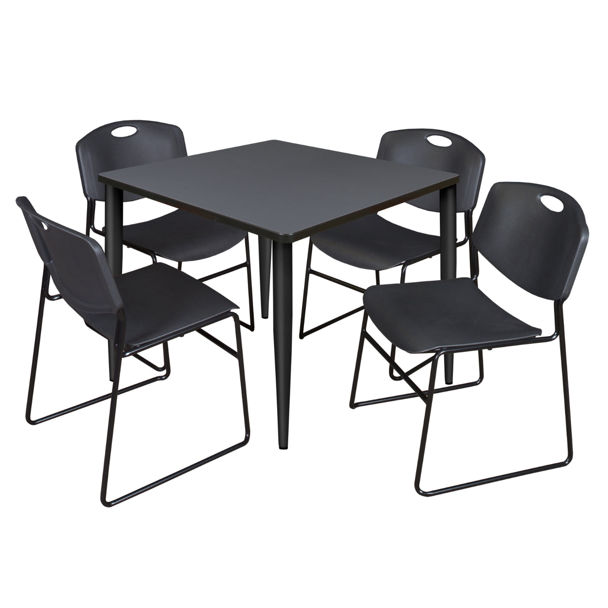 Kahlo Square Breakroom Table and Chair Package, 42" Square Kahlo Tapered Leg Breakroom Table with 4 Zeng Stack Chairs