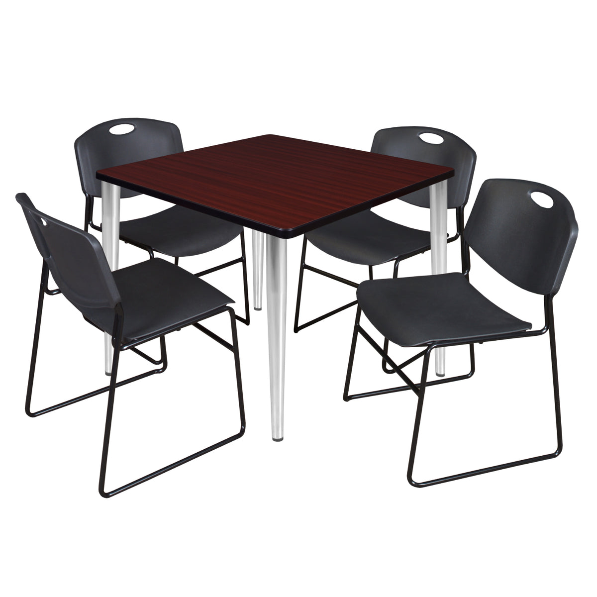 Kahlo Square Breakroom Table and Chair Package, 42" Square Kahlo Tapered Leg Breakroom Table with 4 Zeng Stack Chairs