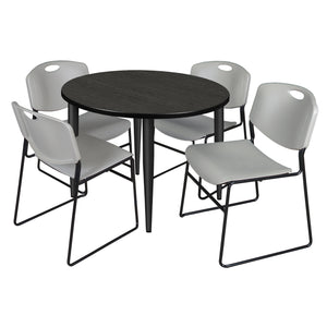 Kahlo Round Breakroom Table and Chair Package, 42" Round Kahlo Tapered Leg Breakroom Table with 4 Zeng Stack Chairs