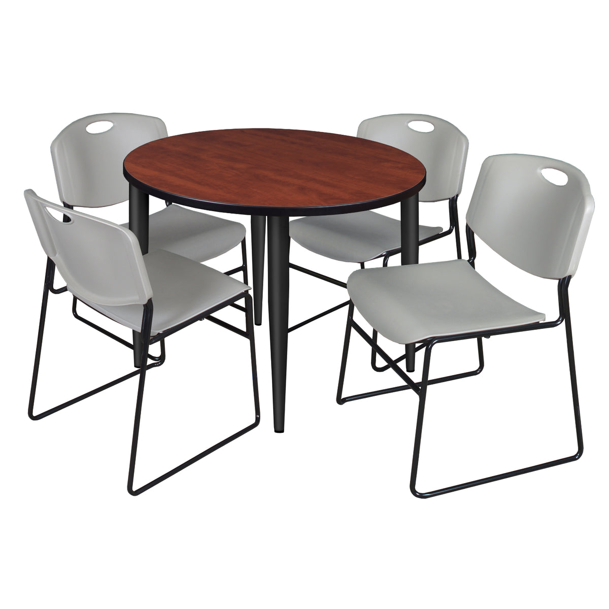 Kahlo Round Breakroom Table and Chair Package, 42" Round Kahlo Tapered Leg Breakroom Table with 4 Zeng Stack Chairs