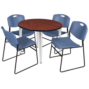 Kahlo Round Breakroom Table and Chair Package, 42" Round Kahlo Tapered Leg Breakroom Table with 4 Zeng Stack Chairs