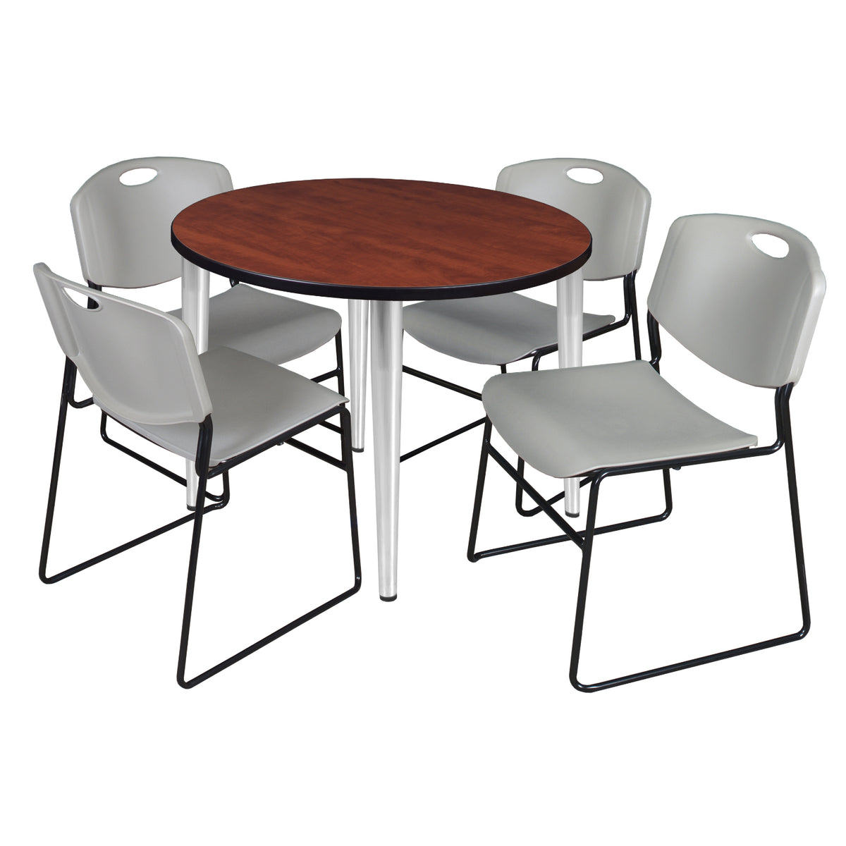 Kahlo Round Breakroom Table and Chair Package, 42" Round Kahlo Tapered Leg Breakroom Table with 4 Zeng Stack Chairs