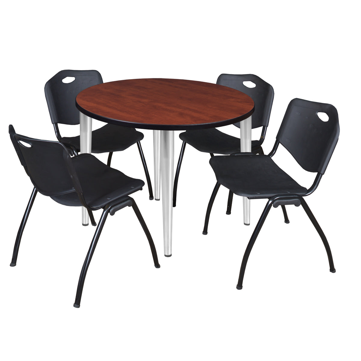 Kahlo Round Breakroom Table and Chair Package, 42" Round Kahlo Tapered Leg Breakroom Table with 4 "M" Stack Chairs