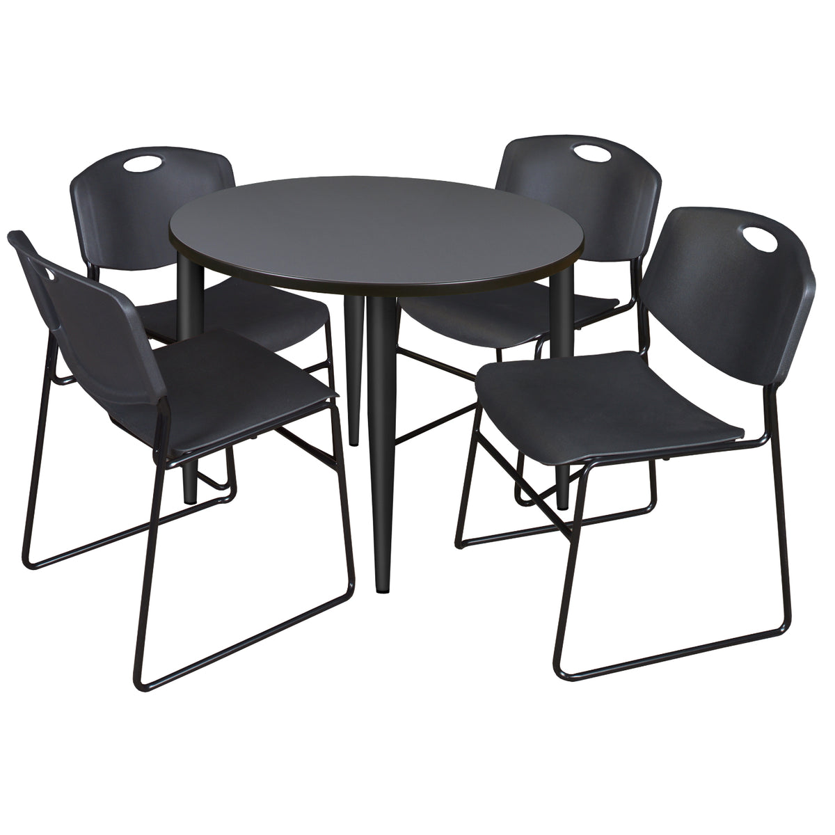 Kahlo Round Breakroom Table and Chair Package, 42" Round Kahlo Tapered Leg Breakroom Table with 4 Zeng Stack Chairs