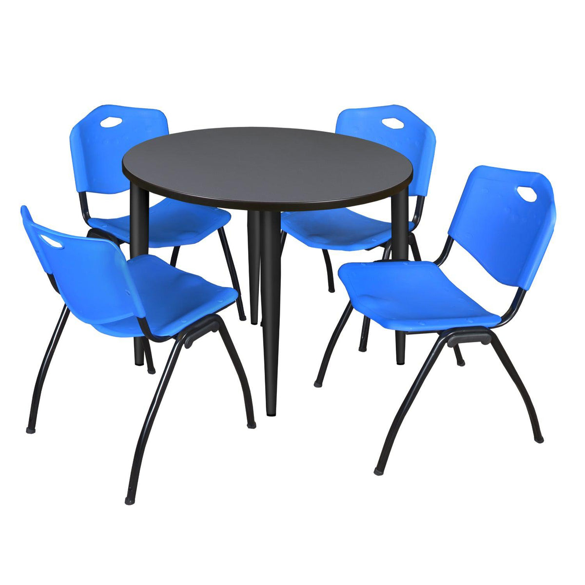Kahlo Round Breakroom Table and Chair Package, 42" Round Kahlo Tapered Leg Breakroom Table with 4 "M" Stack Chairs