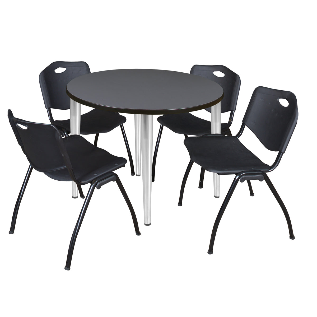 Kahlo Round Breakroom Table and Chair Package, 42" Round Kahlo Tapered Leg Breakroom Table with 4 "M" Stack Chairs