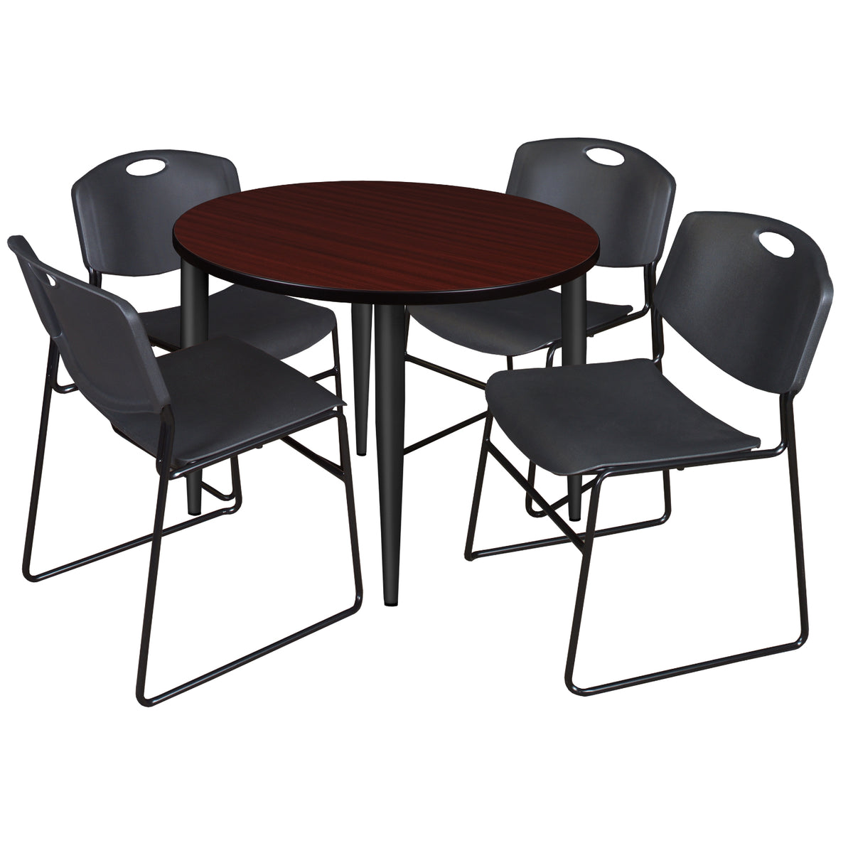 Kahlo Round Breakroom Table and Chair Package, 42" Round Kahlo Tapered Leg Breakroom Table with 4 Zeng Stack Chairs