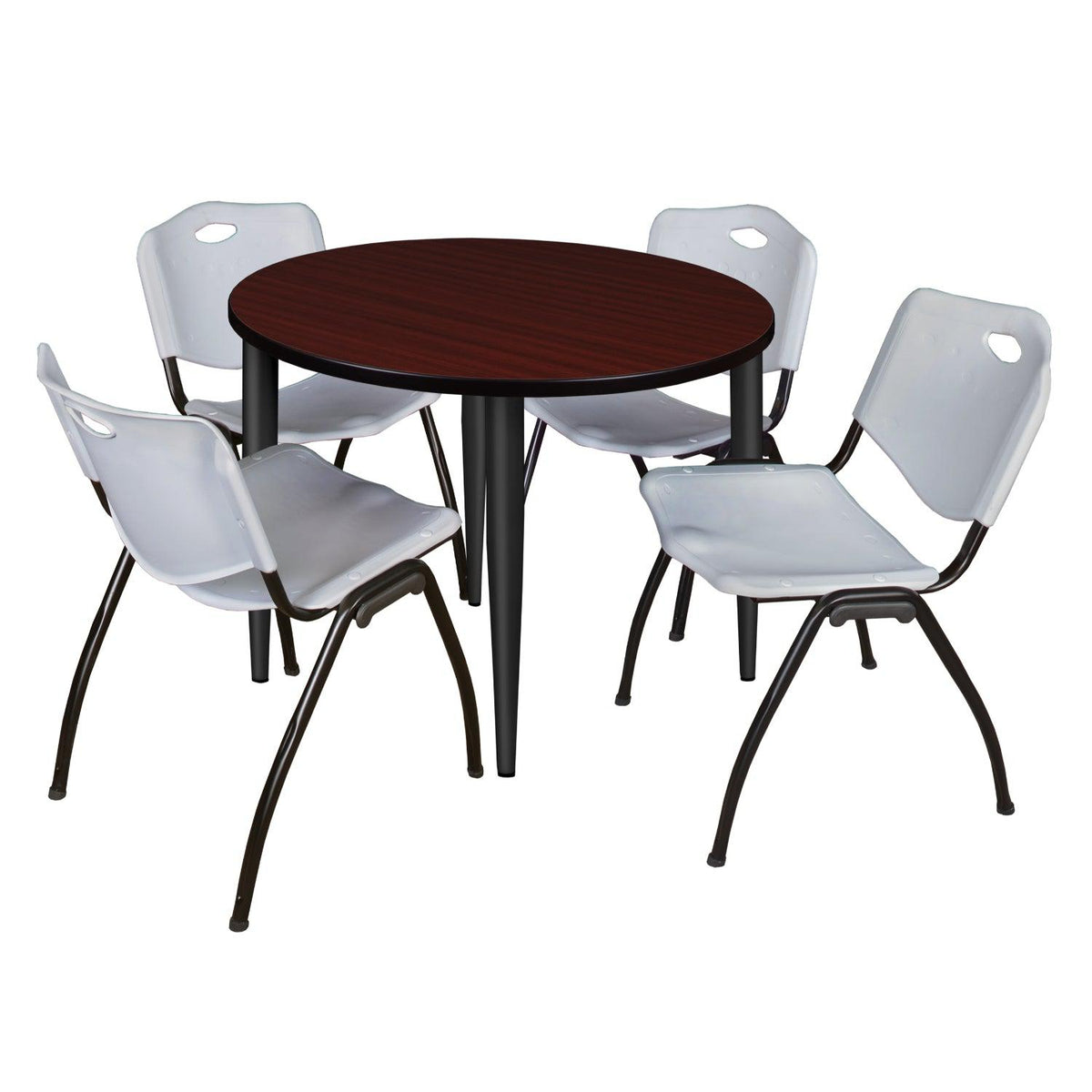 Kahlo Round Breakroom Table and Chair Package, 42" Round Kahlo Tapered Leg Breakroom Table with 4 "M" Stack Chairs