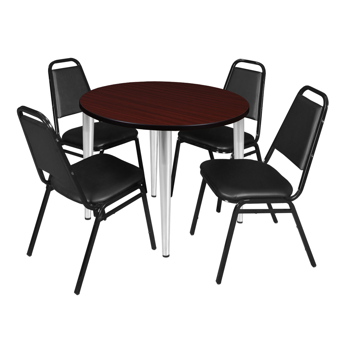 Kahlo Round Breakroom Table and Chair Package, 42" Round Kahlo Tapered Leg Breakroom Table with 4 Restaurant Stack Chairs