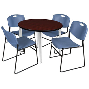 Kahlo Round Breakroom Table and Chair Package, 42" Round Kahlo Tapered Leg Breakroom Table with 4 Zeng Stack Chairs