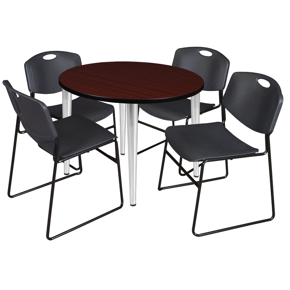 Kahlo Round Breakroom Table and Chair Package, 42" Round Kahlo Tapered Leg Breakroom Table with 4 Zeng Stack Chairs