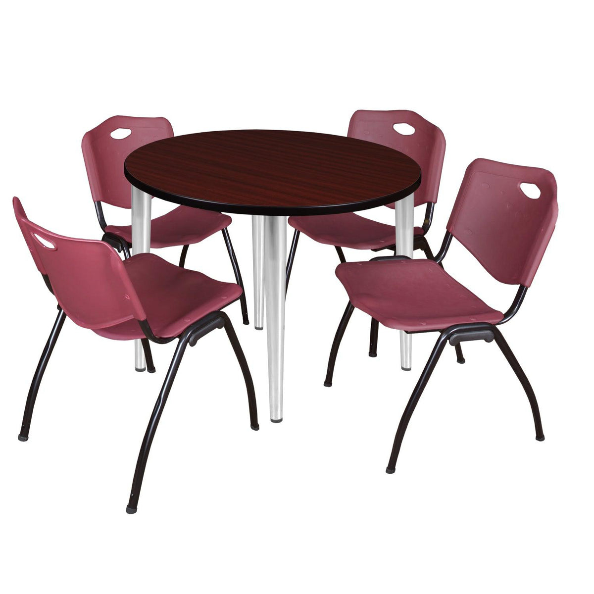 Kahlo Round Breakroom Table and Chair Package, 42" Round Kahlo Tapered Leg Breakroom Table with 4 "M" Stack Chairs