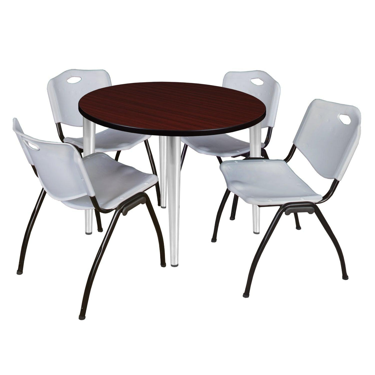 Kahlo Round Breakroom Table and Chair Package, 42" Round Kahlo Tapered Leg Breakroom Table with 4 "M" Stack Chairs
