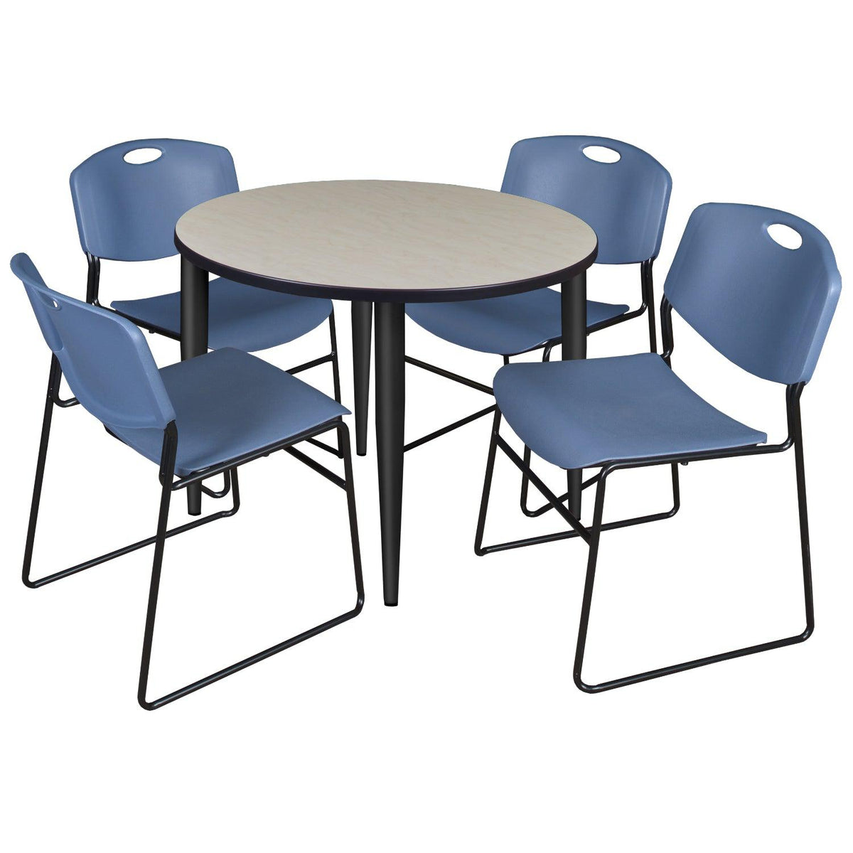 Kahlo Round Breakroom Table and Chair Package, 42" Round Kahlo Tapered Leg Breakroom Table with 4 Zeng Stack Chairs