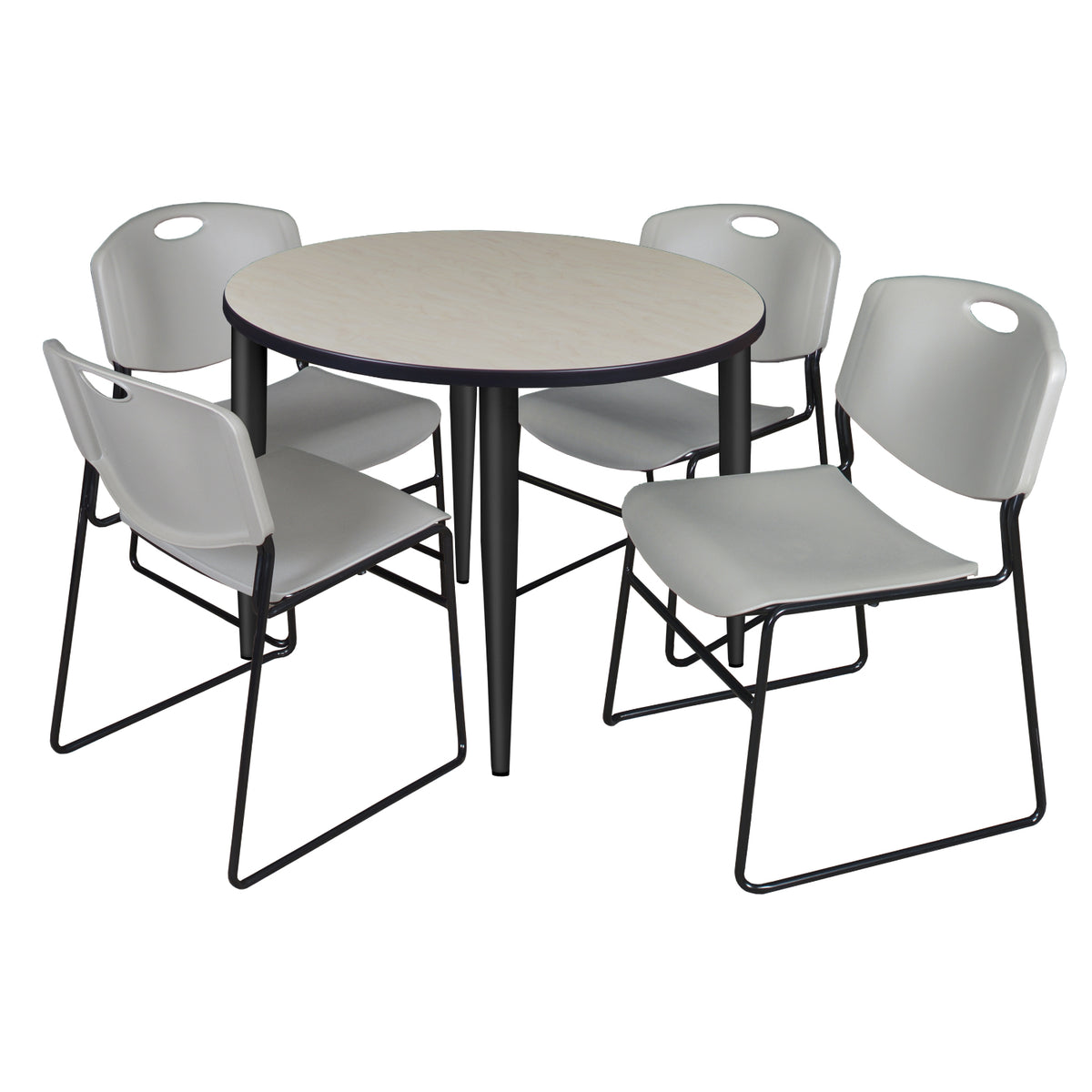 Kahlo Round Breakroom Table and Chair Package, 42" Round Kahlo Tapered Leg Breakroom Table with 4 Zeng Stack Chairs