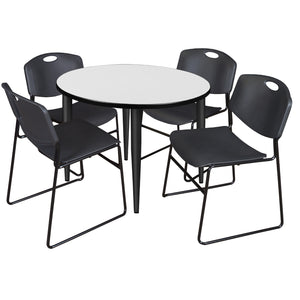 Kahlo Round Breakroom Table and Chair Package, 42" Round Kahlo Tapered Leg Breakroom Table with 4 Zeng Stack Chairs