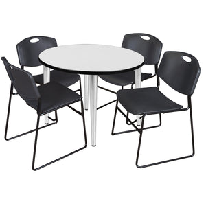 Kahlo Round Breakroom Table and Chair Package, 42" Round Kahlo Tapered Leg Breakroom Table with 4 Zeng Stack Chairs