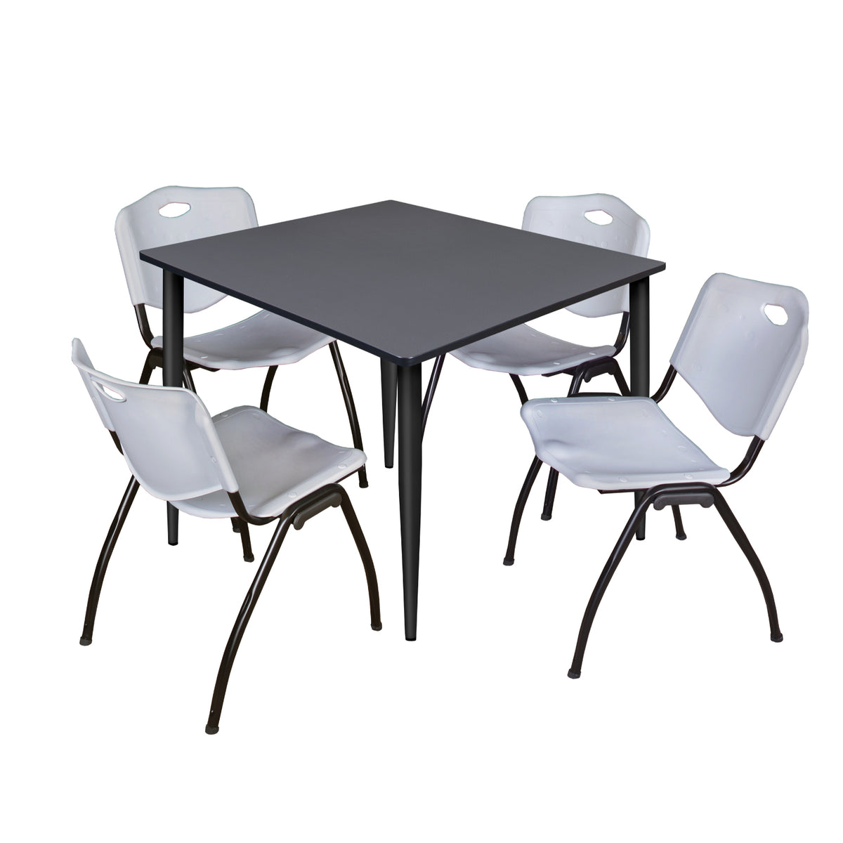 Kahlo Square Breakroom Table and Chair Package, 48" Square Kahlo Tapered Leg Breakroom Table with 4 "M" Stack Chairs