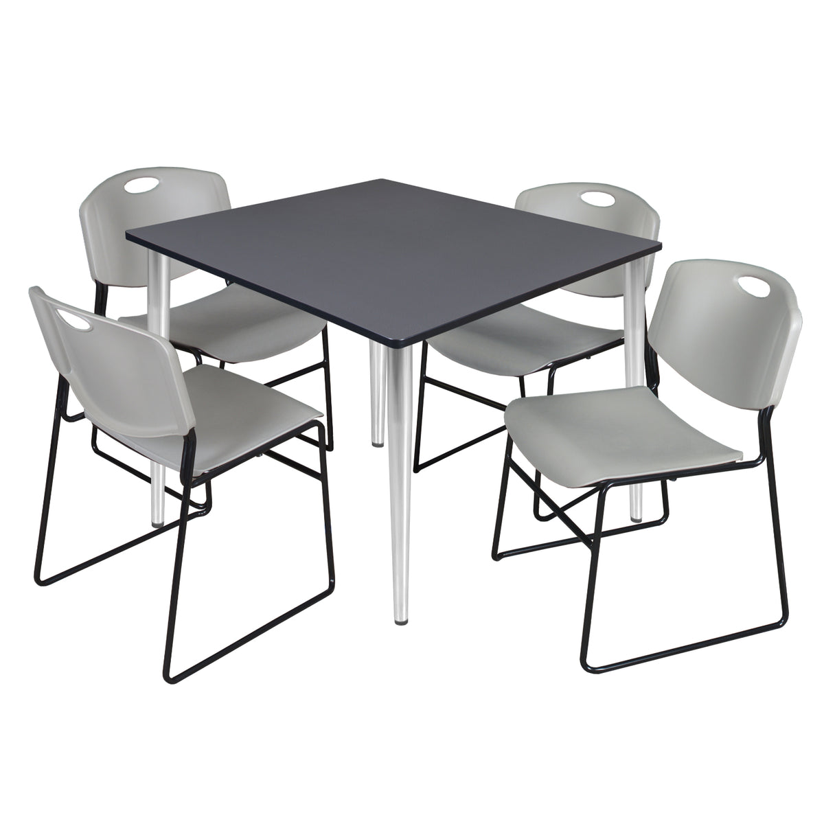 Kahlo Square Breakroom Table and Chair Package, 48" Square Kahlo Tapered Leg Breakroom Table with 4 Zeng Stack Chairs
