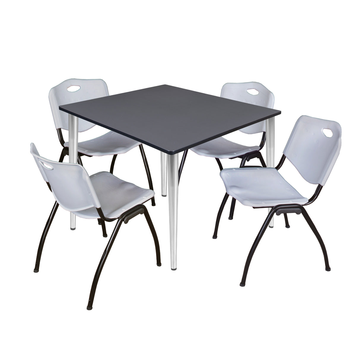 Kahlo Square Breakroom Table and Chair Package, 48" Square Kahlo Tapered Leg Breakroom Table with 4 "M" Stack Chairs