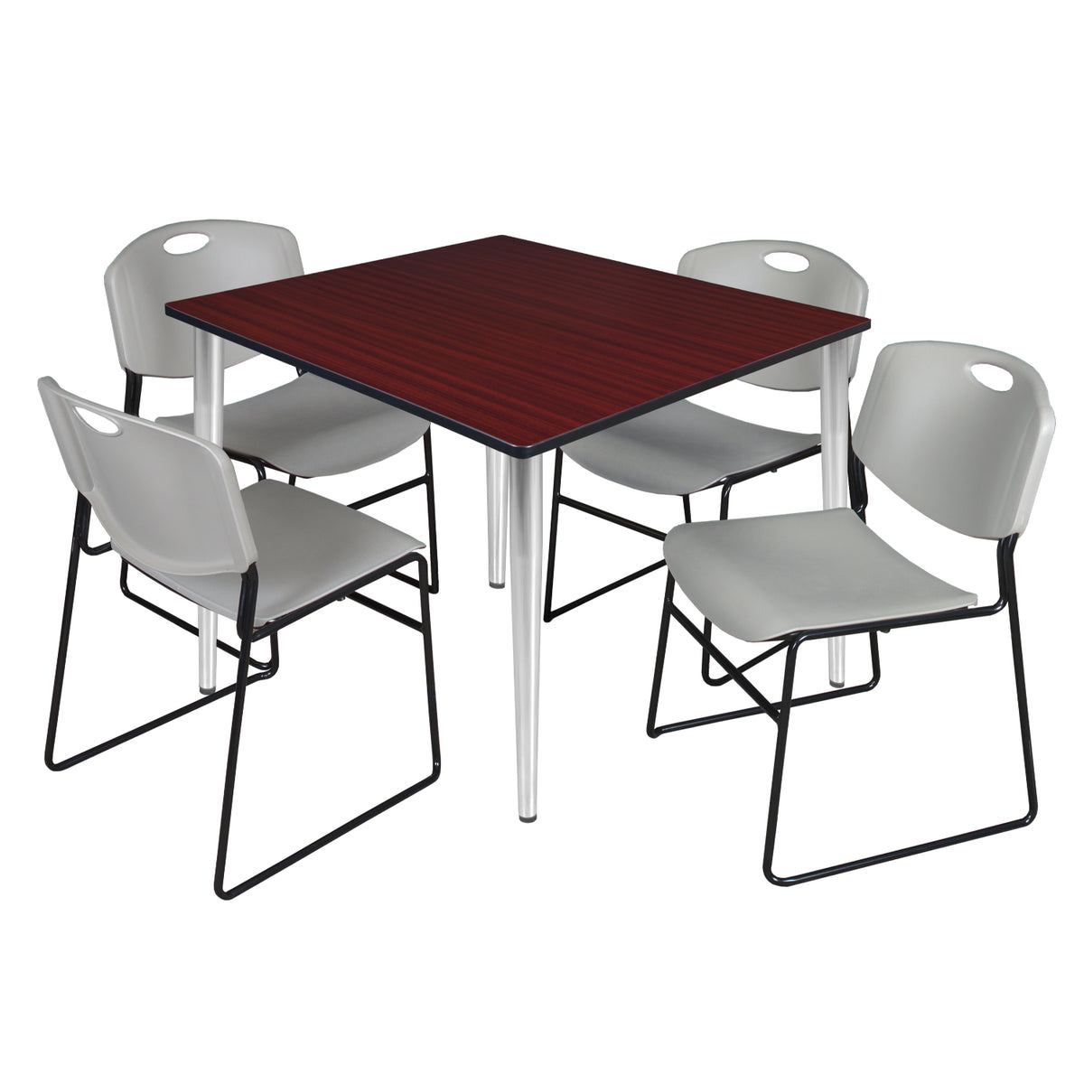Kahlo Square Breakroom Table and Chair Package, 48" Square Kahlo Tapered Leg Breakroom Table with 4 Zeng Stack Chairs