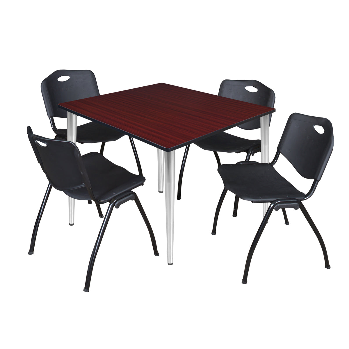 Kahlo Square Breakroom Table and Chair Package, 48" Square Kahlo Tapered Leg Breakroom Table with 4 "M" Stack Chairs