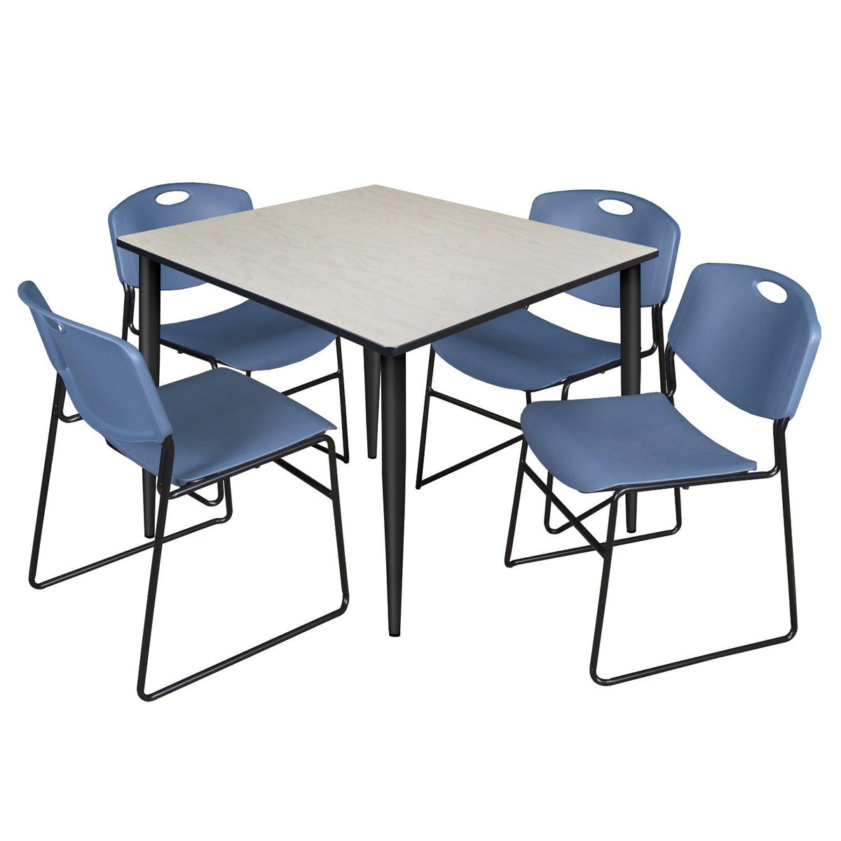 Kahlo Square Breakroom Table and Chair Package, 48" Square Kahlo Tapered Leg Breakroom Table with 4 Zeng Stack Chairs