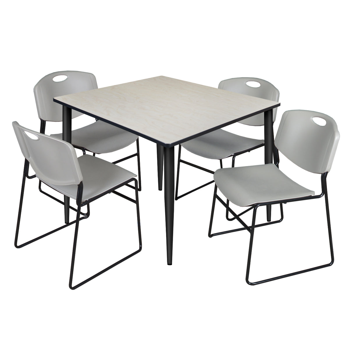 Kahlo Square Breakroom Table and Chair Package, 48" Square Kahlo Tapered Leg Breakroom Table with 4 Zeng Stack Chairs