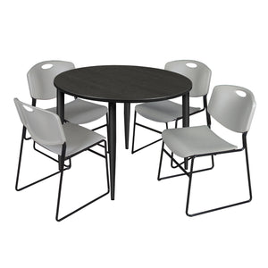 Kahlo Round Breakroom Table and Chair Package, 48" Round Kahlo Tapered Leg Breakroom Table with 4 Zeng Stack Chairs