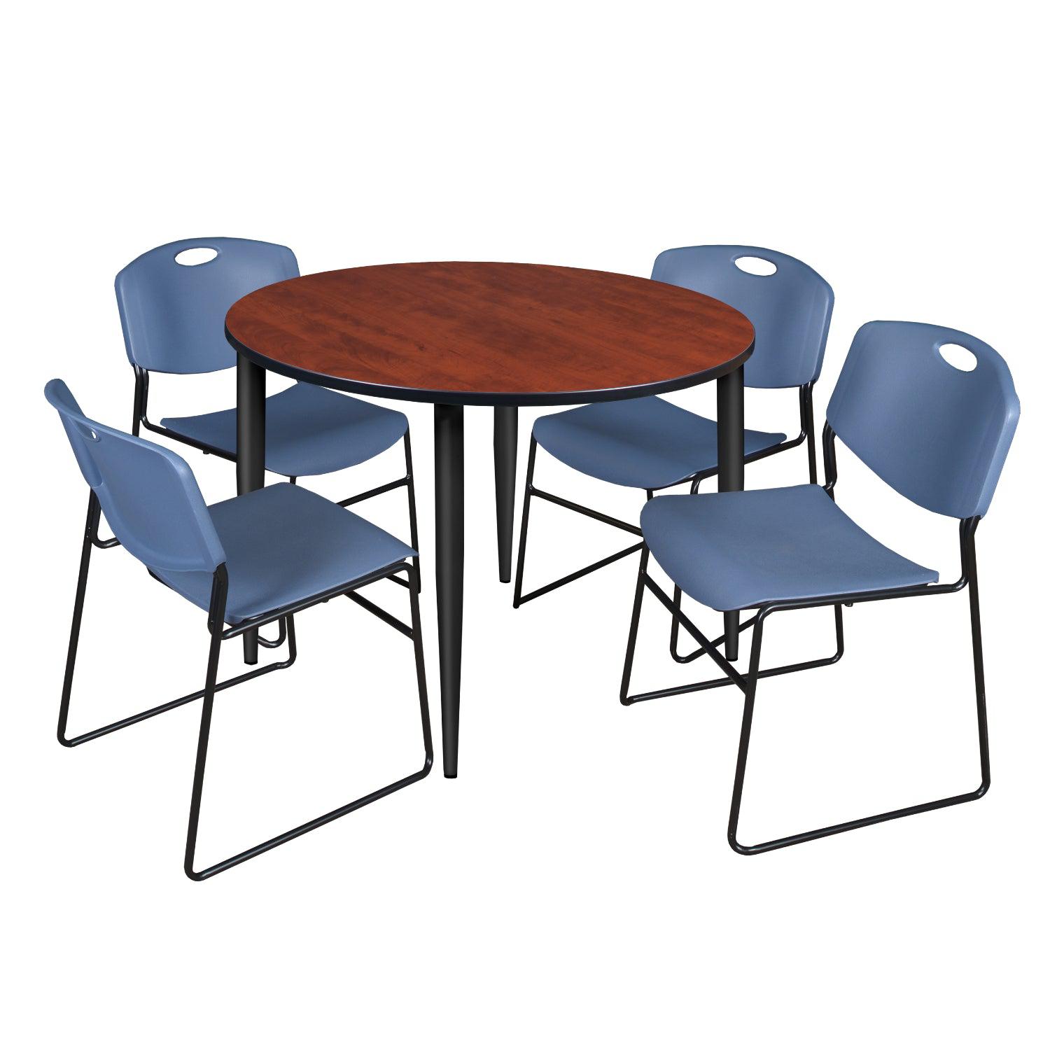 Kahlo Round Breakroom Table and Chair Package, 48" Round Kahlo Tapered Leg Breakroom Table with 4 Zeng Stack Chairs