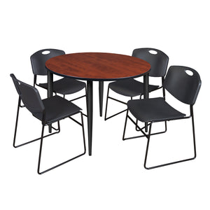 Kahlo Round Breakroom Table and Chair Package, 48" Round Kahlo Tapered Leg Breakroom Table with 4 Zeng Stack Chairs