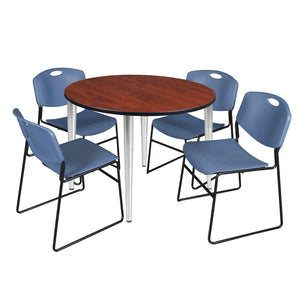 Kahlo Round Breakroom Table and Chair Package, 48" Round Kahlo Tapered Leg Breakroom Table with 4 Zeng Stack Chairs