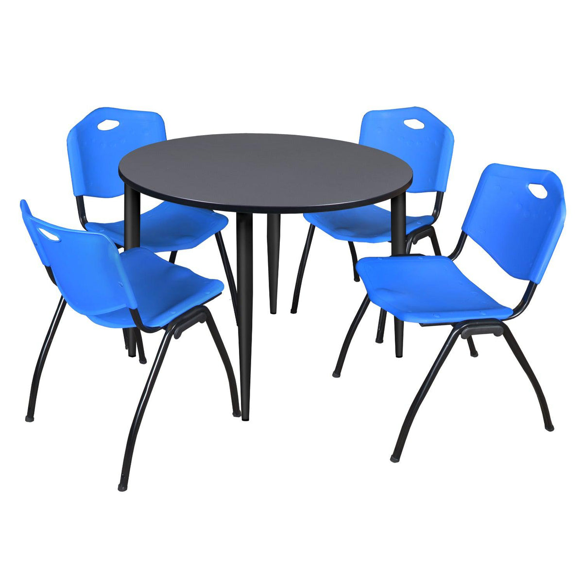 Kahlo Round Breakroom Table and Chair Package, 48" Round Kahlo Tapered Leg Breakroom Table with 4 "M" Stack Chairs