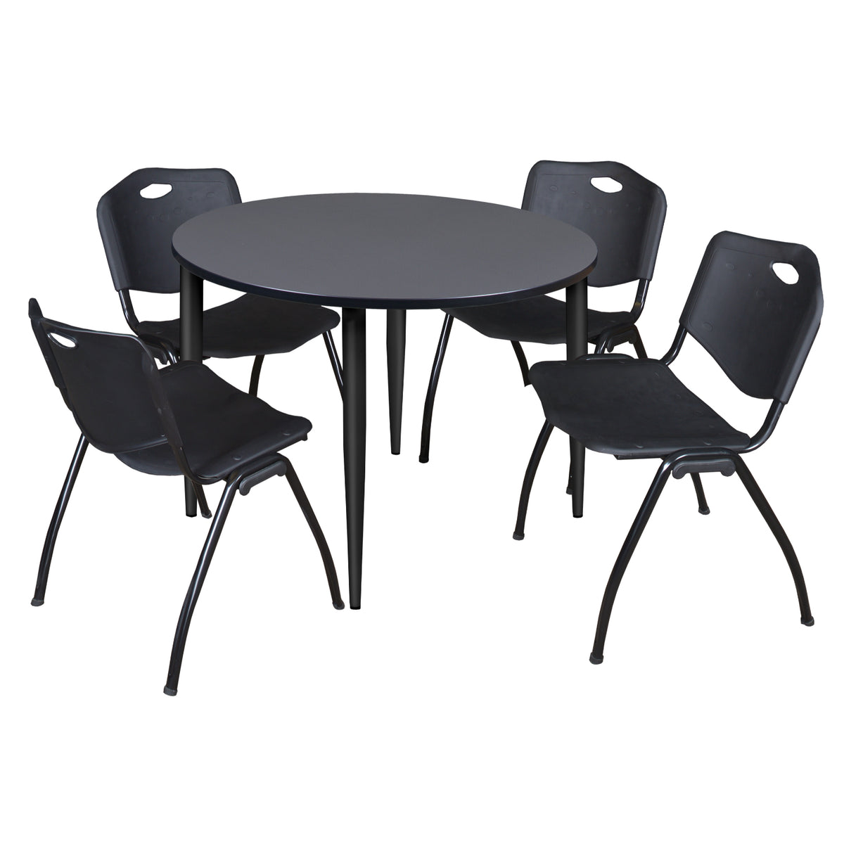 Kahlo Round Breakroom Table and Chair Package, 48" Round Kahlo Tapered Leg Breakroom Table with 4 "M" Stack Chairs