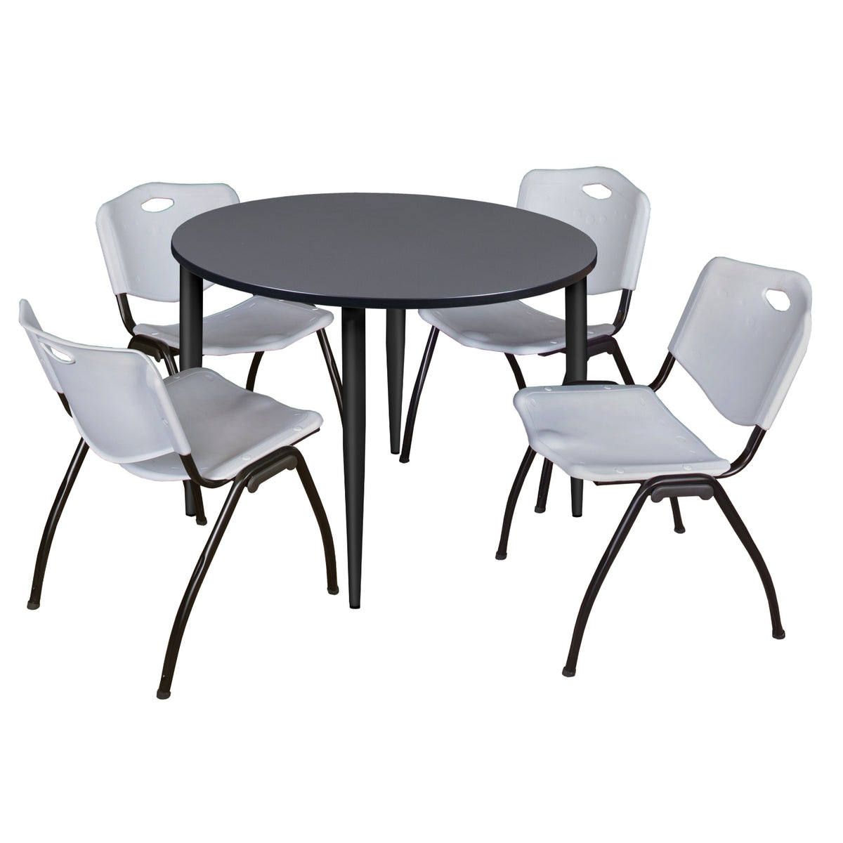 Kahlo Round Breakroom Table and Chair Package, 48" Round Kahlo Tapered Leg Breakroom Table with 4 "M" Stack Chairs