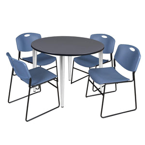 Kahlo Round Breakroom Table and Chair Package, 48" Round Kahlo Tapered Leg Breakroom Table with 4 Zeng Stack Chairs