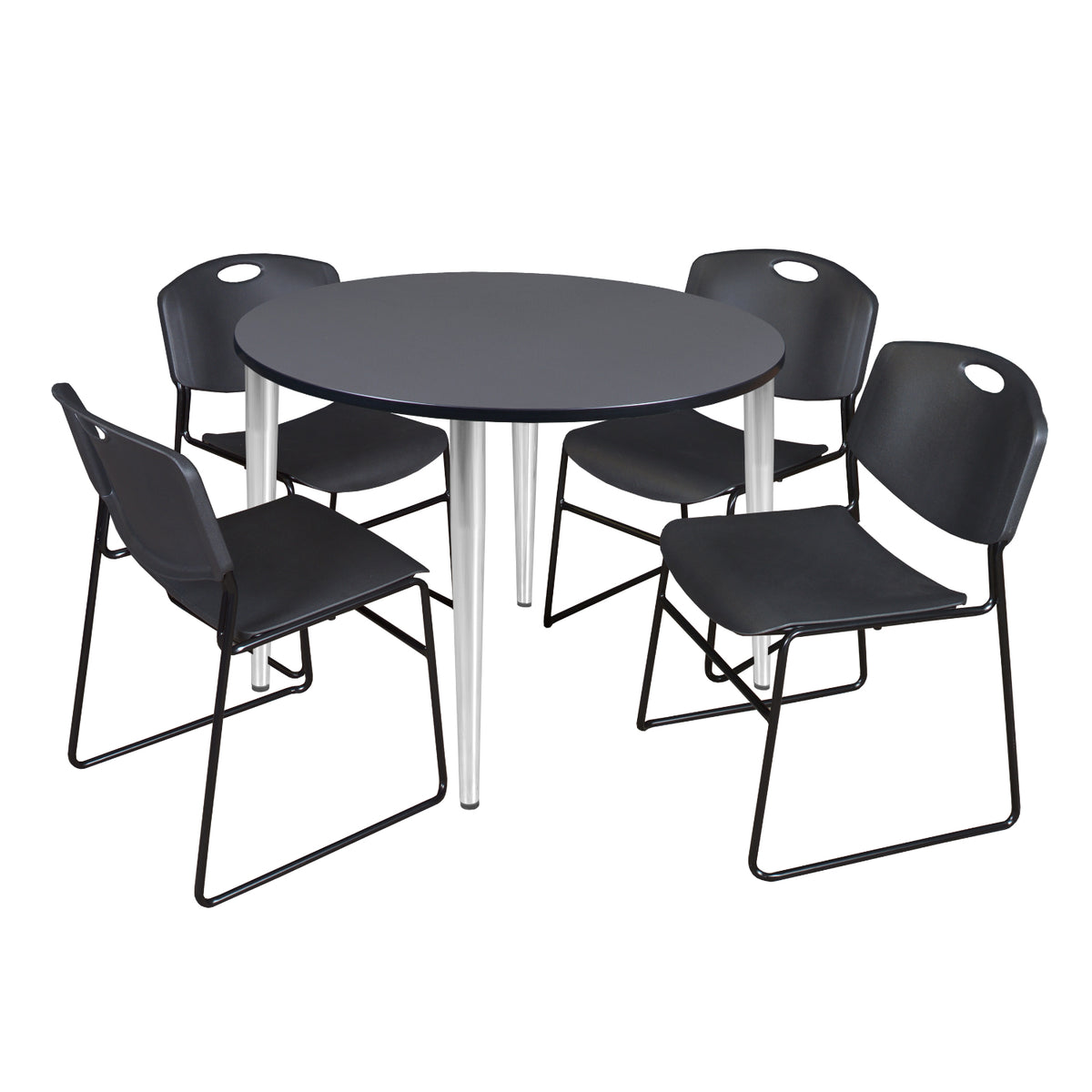 Kahlo Round Breakroom Table and Chair Package, 48" Round Kahlo Tapered Leg Breakroom Table with 4 Zeng Stack Chairs