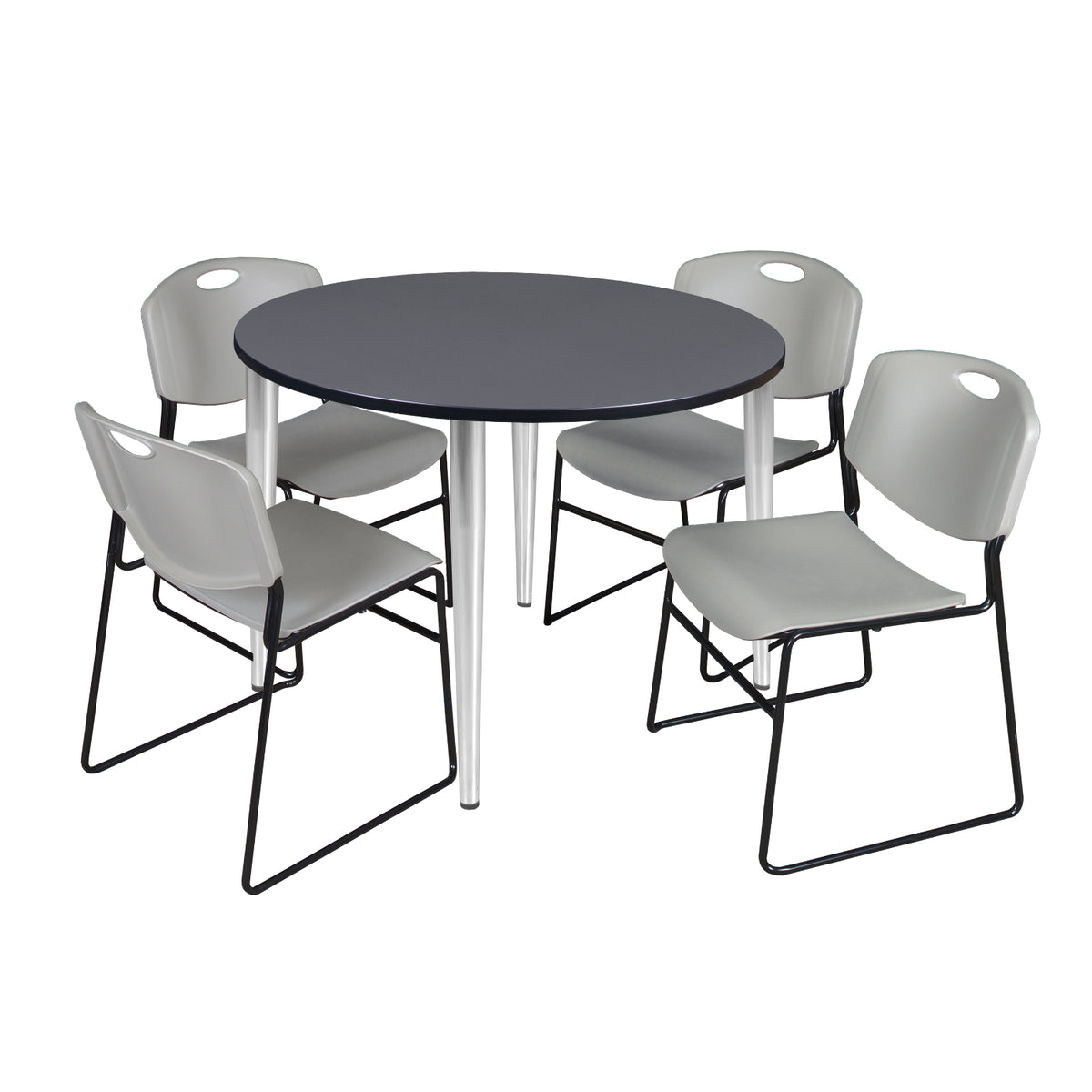 Kahlo Round Breakroom Table and Chair Package, 48" Round Kahlo Tapered Leg Breakroom Table with 4 Zeng Stack Chairs