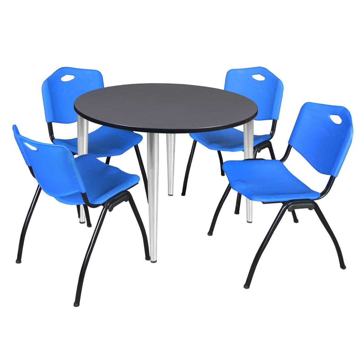 Kahlo Round Breakroom Table and Chair Package, 48" Round Kahlo Tapered Leg Breakroom Table with 4 "M" Stack Chairs