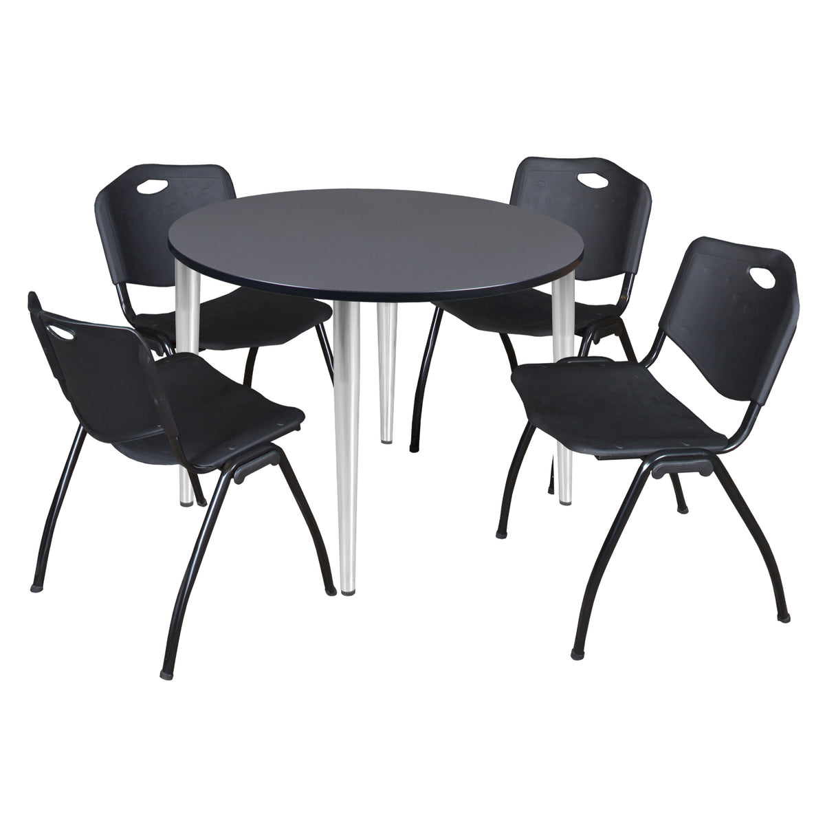 Kahlo Round Breakroom Table and Chair Package, 48" Round Kahlo Tapered Leg Breakroom Table with 4 "M" Stack Chairs