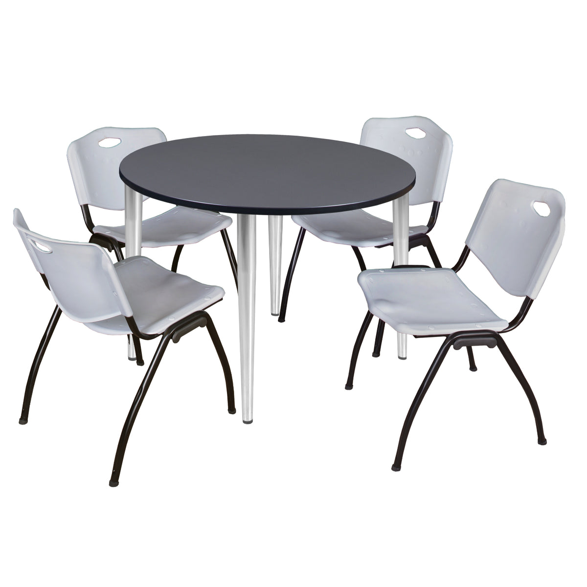 Kahlo Round Breakroom Table and Chair Package, 48" Round Kahlo Tapered Leg Breakroom Table with 4 "M" Stack Chairs